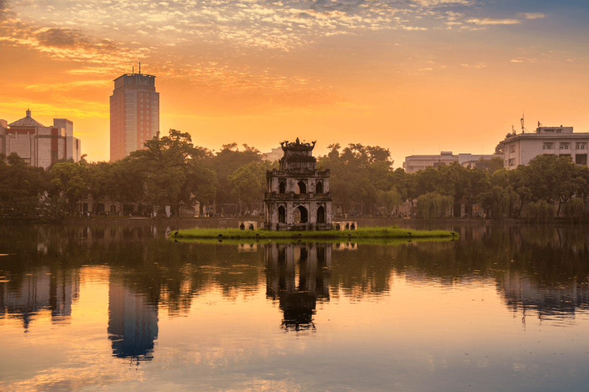 Hoan Kiem Lake in December with calm waters and winter light